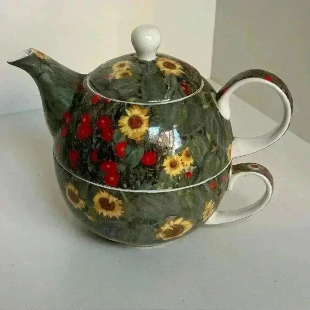London Home  bone china small teapot with matching mug in Van Gogh floral design